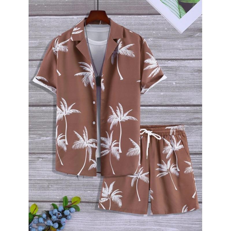 Fashion Men's Short Sleeve Shirt Sets Print Beach Coconut Tree Plaid Hawaiian Suits Lapel Casual Shirt Shorts 3D Summer Streetwear