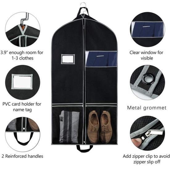 Non-woven Fabric Clothing Dust Cover Travel Heavy-Duty Garment Bag with Pockets Clear Window Waterproof Label Foldable Dust-Proof Suit Bag