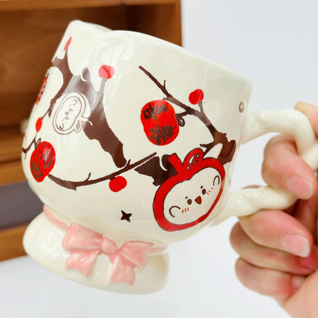 Kreative Neujahrs-Festbecher für Jungen und Mädchen, Keramiktasse mit Deckel und Löffel, süße Mädchentasse