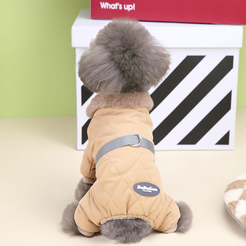 Diamond Grid Four-Legged Cotton Coat with D-ring for Dogs - Autumn & Winter Wear