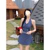 Bow Contrasting Color Plaid Neck Dress Women's Summer New Small Age-reducing Waist A-word Short Skirt