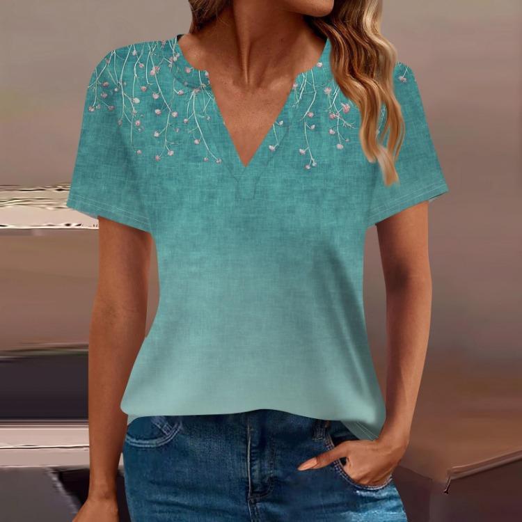 T-shirt Décontracté à Col V et Manches Courtes Imprimé pour Femme Haut Basique Mode pour le Quotidien