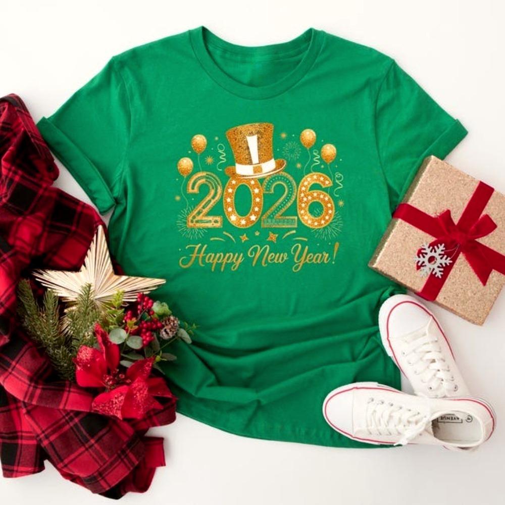 T-Shirt mit Neujahrsmotiv 2026 – Modisches Design für Damen und Herren – Lässiges Kurzarm-T-Shirt mit Rundhalsausschnitt und Aufdruck „Frohes Neues Jahr 2026“