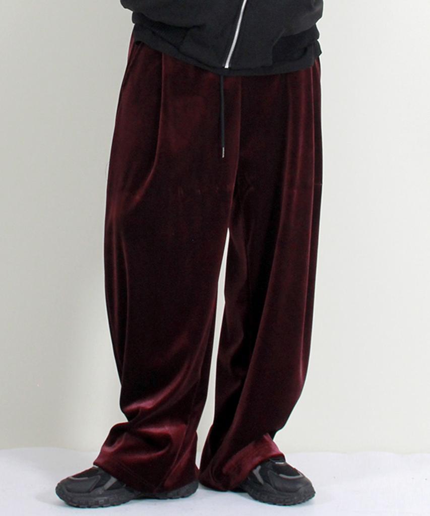 Deumakeu Velvet Laminated Single-Pleat Real Wide Pants Burgundy