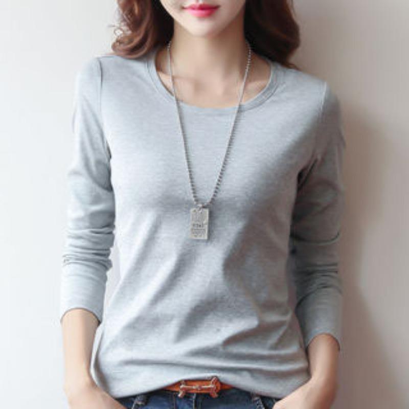 Dames T-shirt met ronde hals, effen kleur en lange mouwen