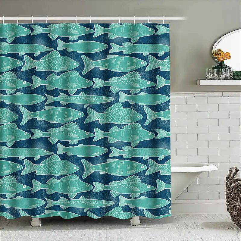Blue Fish Print Shower Curtain Polyester Fabric Waterproof Bathroom Decor Wall Hanging Home Decor Accessories For Bathtub Enclos
