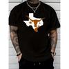 European Sizes Texas Themed T Shirt Black with White Longhorn Bull & Brown State Outline, Casual Round Neck Tee Suitable for Parties