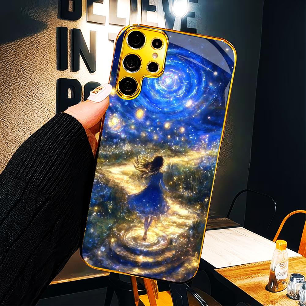 The Starry Sky Protective Cover High-end Electroplating Glass PhoneCase for Samsung Galaxy S26 S25 S24 S23 S22 S21 FE,Ultra,Plus