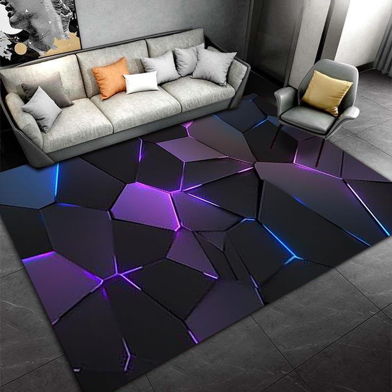 Futuristinis geometrinis kilimas su neoniniu švytėjimu, modernus namų dekoras, tinkamas naudoti kaip neslystantis kilimėlis svetainės, miegamojo sofoms