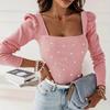 Women Spring Top Low-cut Square Neck Solid Color Slim Fit Elastic Thread Beaded Long Sleeve Bubble Sleeve Lady Commute Blouse