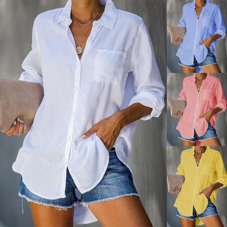 Women's Shirt Solid Colour Large Size Casual Loose Button Down Shirt