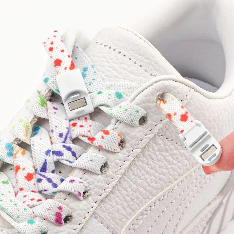Sireturi elastice plate Pantofi de sport Sireturi de blocare cu catarama magnetica fara cravate Sireturi imprimate cu cerneala stropita Copii adulti fara cravata Sireturi pentru pantofi