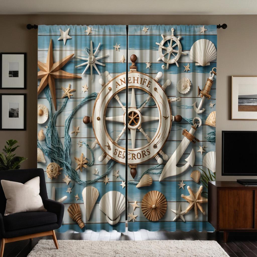 2pcs HD Sea Meets Sky Shell Decoration Curtain Blue Tie Digital Printed Curtain Home Decoration Style Decoration Living Room Bed