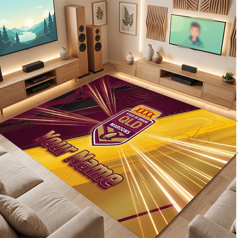 Tapis en Velours Cristal Personnalisé Queensland Maroons, Tapis Doux Antidérapant avec Texte Nom Personnalisé pour Salon Chambre à Coucher