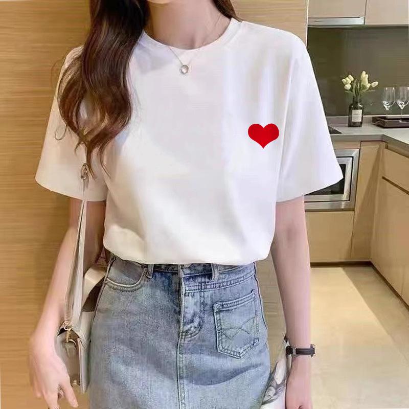 Sommer Damen Baumwolle Lose Weiße Kurzarm T-Shirt Rundhals Bedrucktes Oberteil
