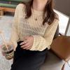 Women Hollow Out Knit Sweater Round Neck Long Sleeve Casual Loose Fit Lightweight Top