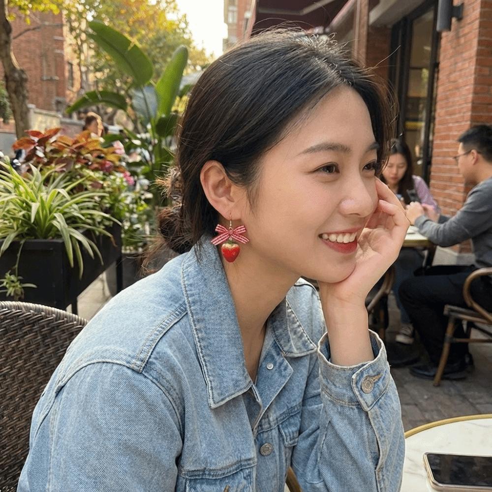 Green Leaves Simulated Fruit Earrings Dainty Flower Drop Earrings Strawberry Drop Earrings Party