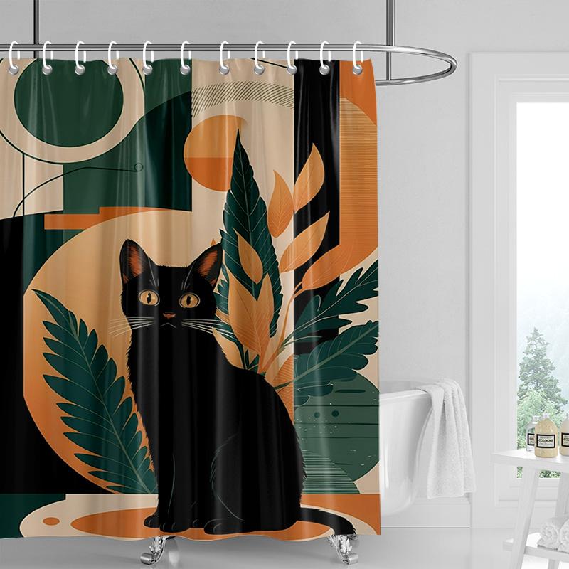 Abstract Art Cat Theme Shower Curtain Waterproof Mildew-Proof Bathroom Curtain Bathroom Ins Wind Decorative