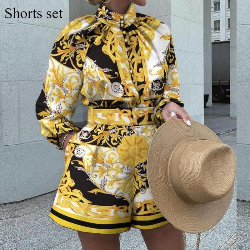 Autumn Suit New Women's Temperament Elegant Long-sleeved Printed Blouse Shorts Fashion Two-piece Set