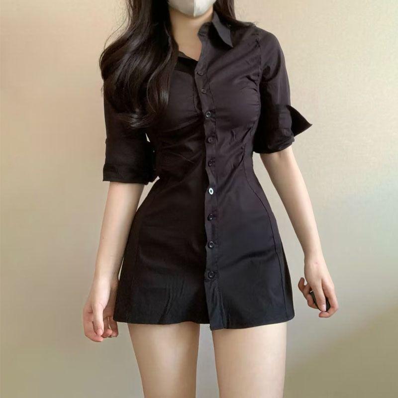 Summer Slim Fit Ruched Shirt Dress - Sexy, Waist-Cinching, Mid-Length Design for Women