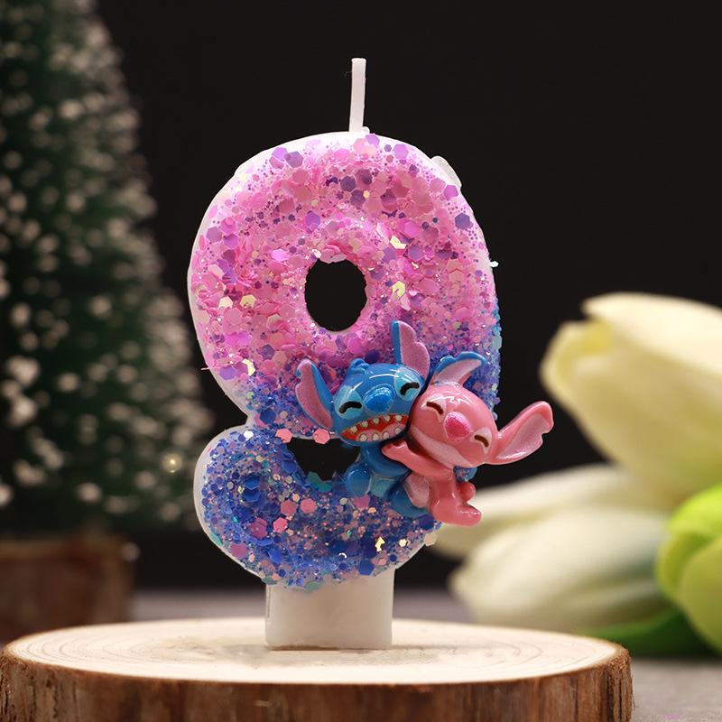 Stitch Angel Number Candle Glitter Pink Blue Cartoon Character Birthday Cake Topper Candle Kids Party Decor Gift