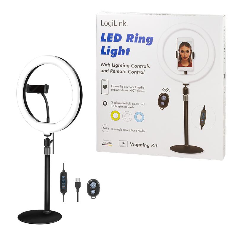 LED Ring Lamp LogiLink Tripod Height 40cm BT Remote Control for Smartphone