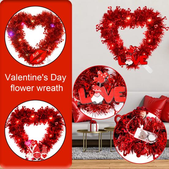Prelit Valentine's Day Heart Shaped Wreath with String Light Red Tinsel Wreath with Foil Hearts