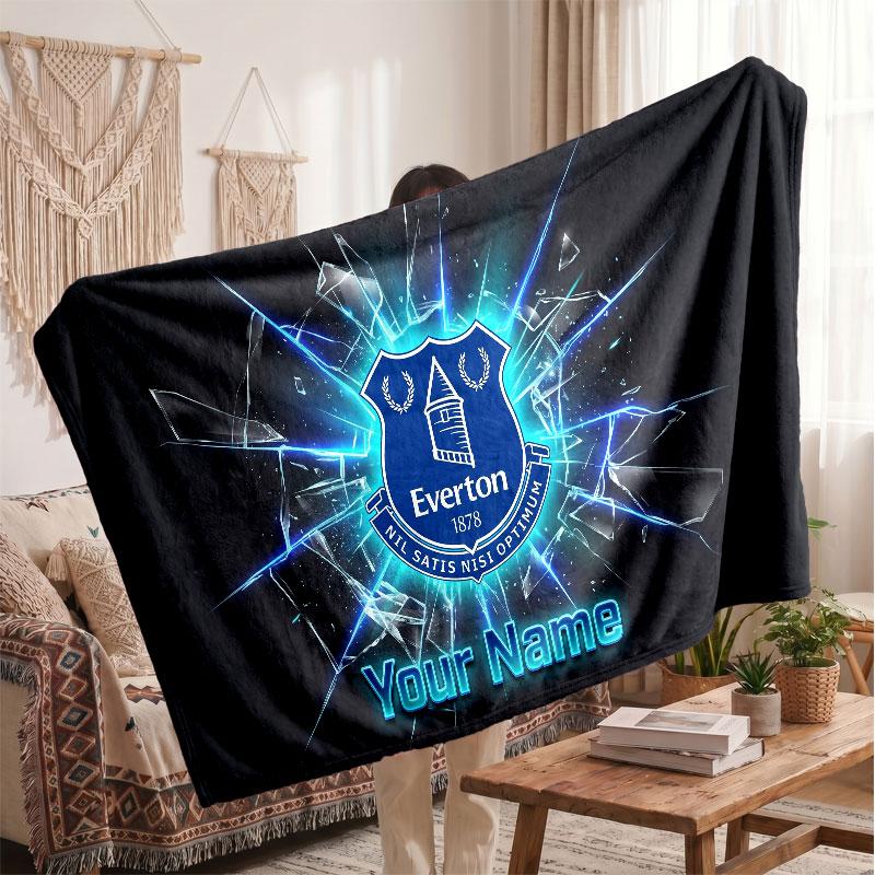 Everton FC Personalized Fleece Blanket With Football Logo, Custom Name Text Soft Warm Home Throw Blanket