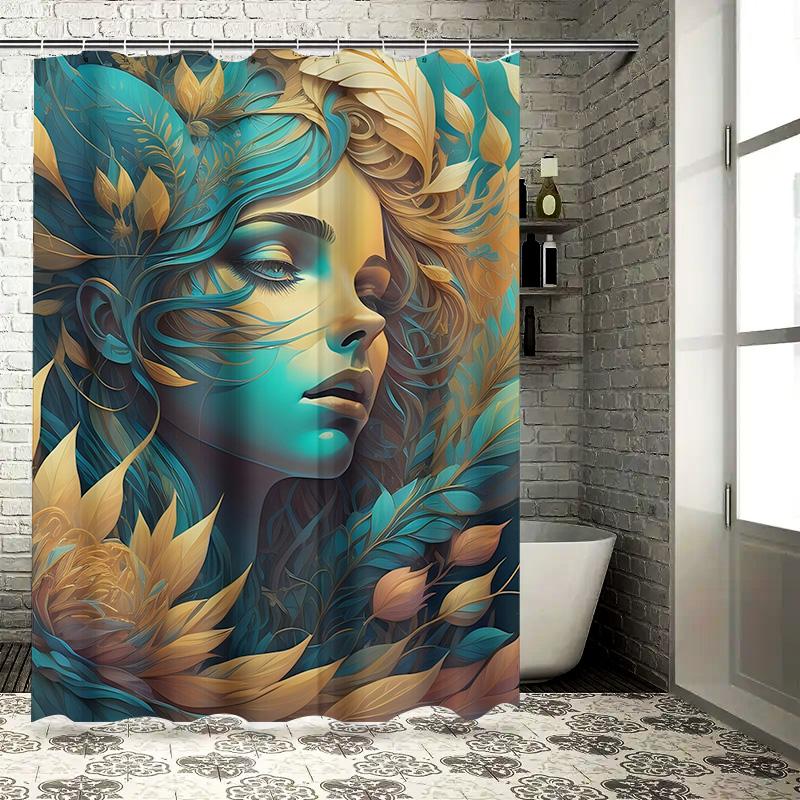 Golden and Teal Leafy Portrait Shower Curtain - Waterproof, Mildew-Resistant, Machine Washable for Artistic Bathroom Decor