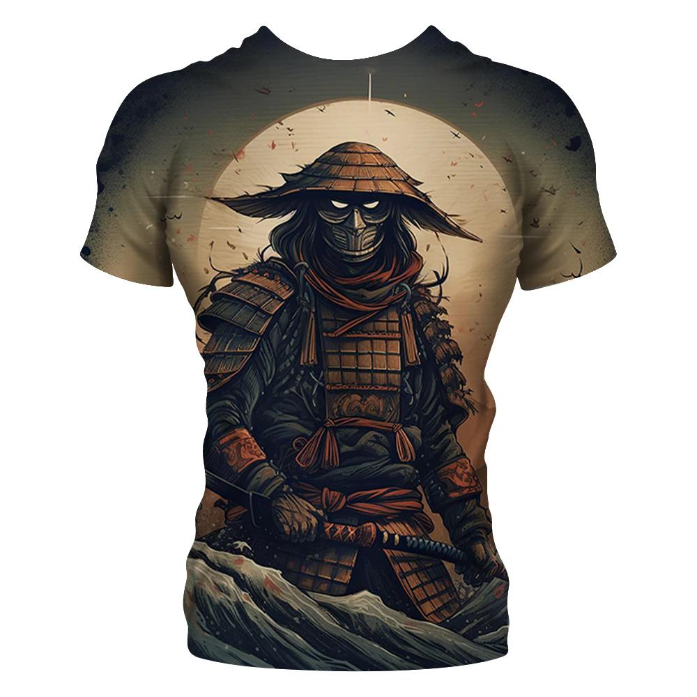Herren-T-Shirt mit Rundhalsausschnitt, japanischer Samurai-3D-Druck, kurzärmelig, lässig, Retro-T-Shirt, Vintage-Herrenkleidung