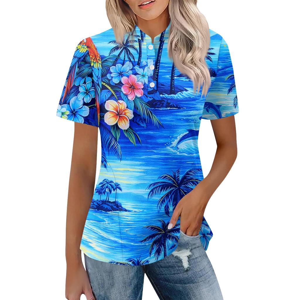 Damen Freizeit-Poloshirt Lockerer Schnitt Kurzarm Oberteil Knopfleiste Leichter atmungsaktiver Stoff Sommerstil