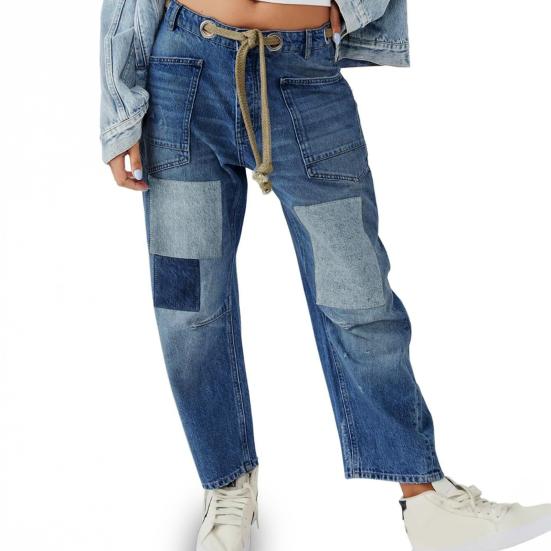 Women's Wide Leg Barrel Jeans Low Rise Drawstring Denim Ankle Pants Elastic Waist Stretchy Baggy Boyfriend Trouser