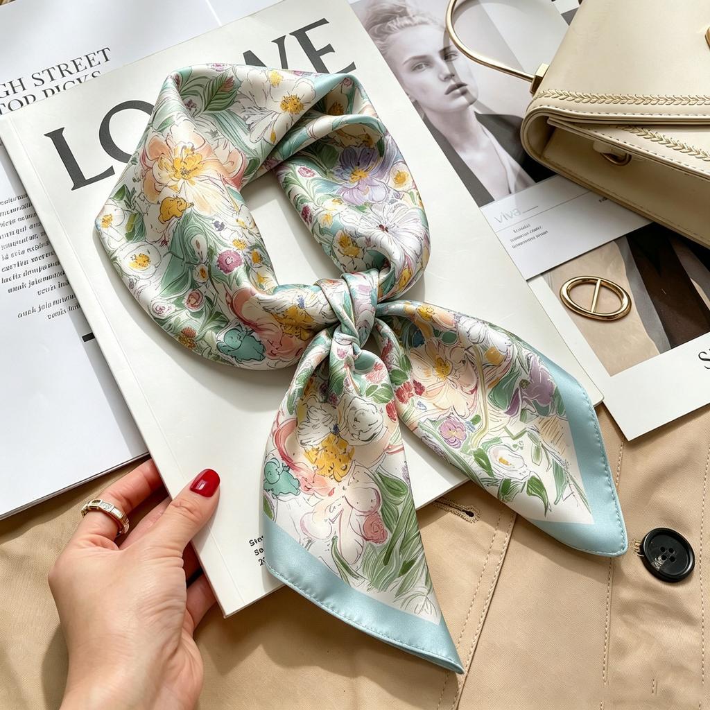 New Retro Plaid Imitation Silk Small Silk Scarf Women's High-end Professional Scarf Shirt Decorative Headband Tied Bag Silk Scarf