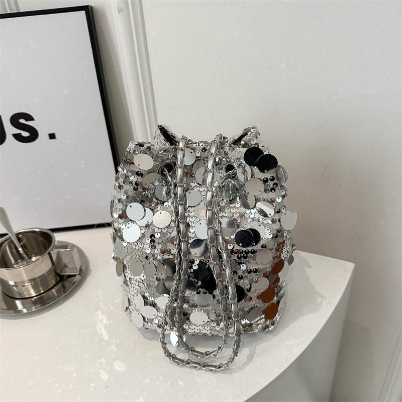 Sequin Small Bucket Bag With Chain Strap For Street Style Daily Use