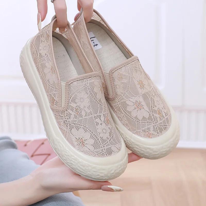 2025 Summer Xiaoxiangfeng Fisherman Soft-soled Shoes Non-slip Women's Lace Mesh One-pedal Platform Mesh Shoes