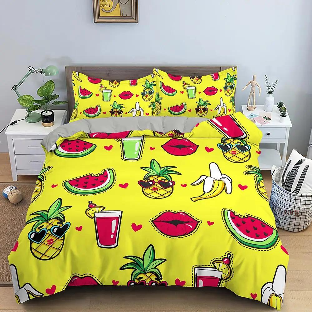 Pineapple Duvet Cover Set Queen Size Kids Colorful Pineapple Bedding Set Girls Teens Bedding Set Fruit Polyester Comforter Cover