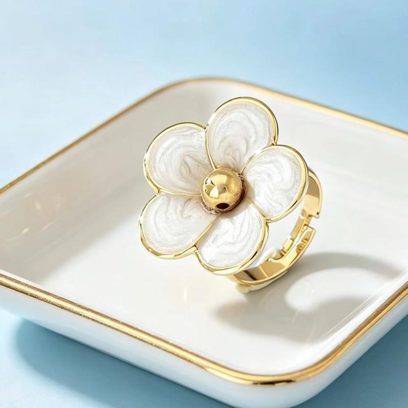 Gold Plated Colorful Enamel Flower Ring Dainty Unique Floral Pattern Adjustable for Girls Daily Vacation Wear Jewelry Gift