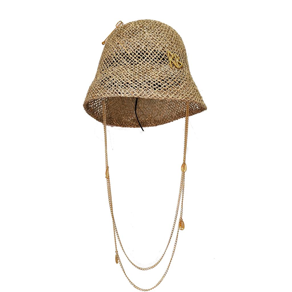 Silver Straw Hat Pearl Chain Hat DIY Flat Top Sun Hat New Korean Elastic Ribbon Hat Beach Hat Candy Color Sun Hat Sombreros Pa