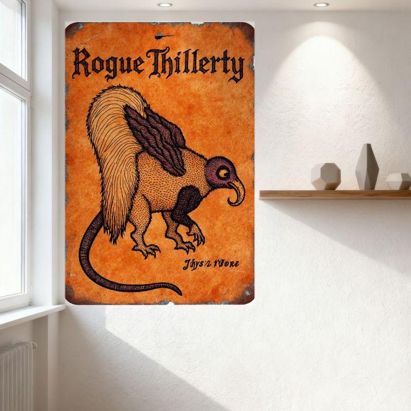Rogue Thillerty Mythical Creature Vintage Metal Tin Sign, Gothic Dark Style Artwork with Rat-Bird Hybrid Design, for Bar Pub Hom