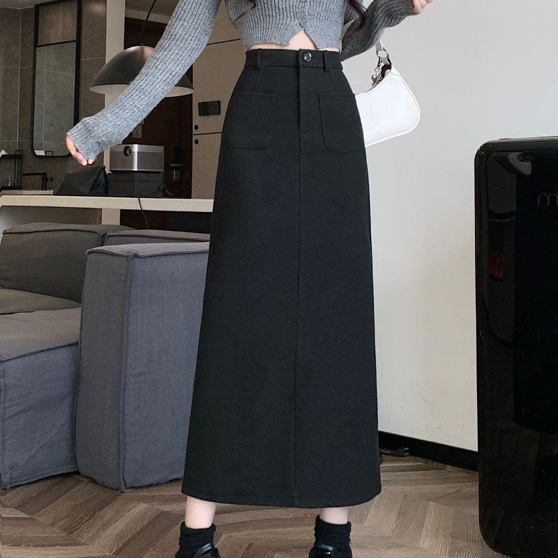2025 Herbst/Winter Wolliger High-Waist Schlankmachender Gerader Midi-Rock mit Schlitz