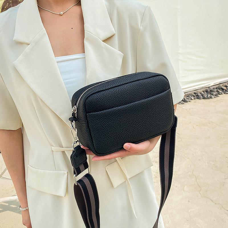 New Solid Color Multi-layer Women Sling Crossbody Bag PU Leather Wide Strap Shoulder Bag