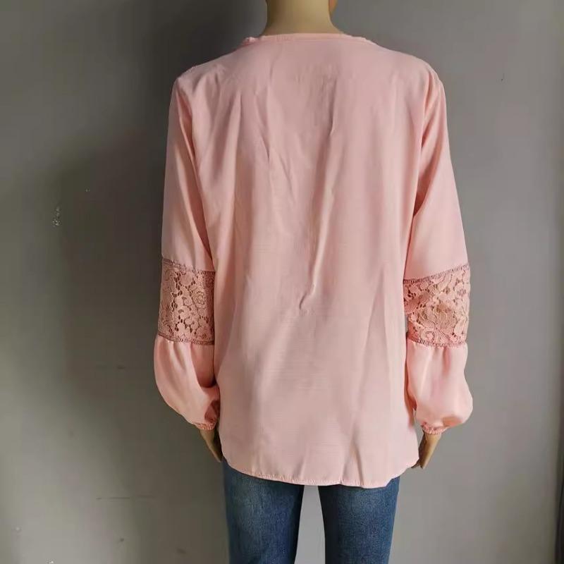 Bluse Top Frühling Spitze Spleißen Hohl Lose Langarm Shirt