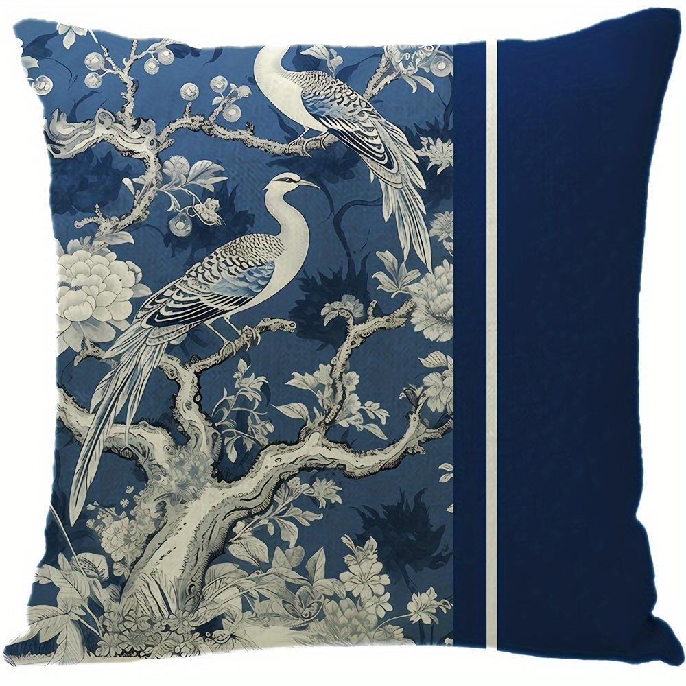 Blue and White Porcelain Crane Decorative Pillowcase, Ultra-soft Polyester Material Living Room Sofa Backrest Car Pillowcase