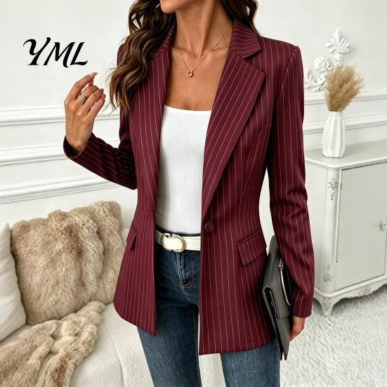 Damen Arbeitsjacke Damen Gestreifter Blazer mit Einem Knopf, Atmungsaktive Business Casual Jacke, Langärmeliger Mantel mit Reverskragen für den Herbst
