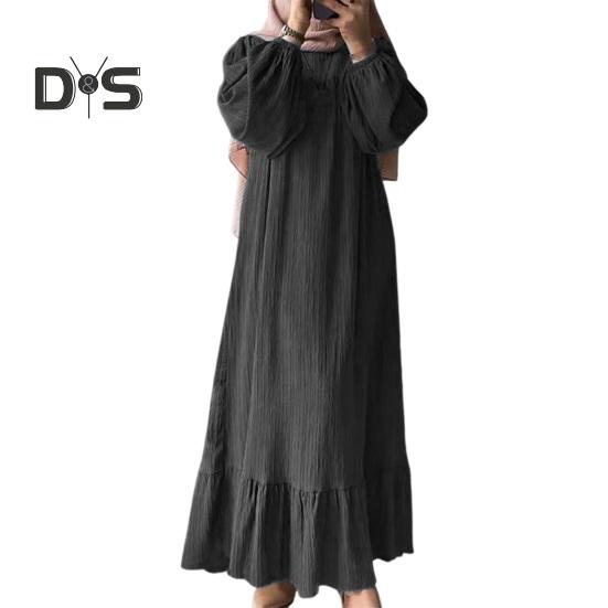 Women Robe Dress Crew Neck Long Puff Sleeves Pure Color Plus Size Patchwork Straight Pullover Casual Middle East Area Traditional Clothes Maxi Dress