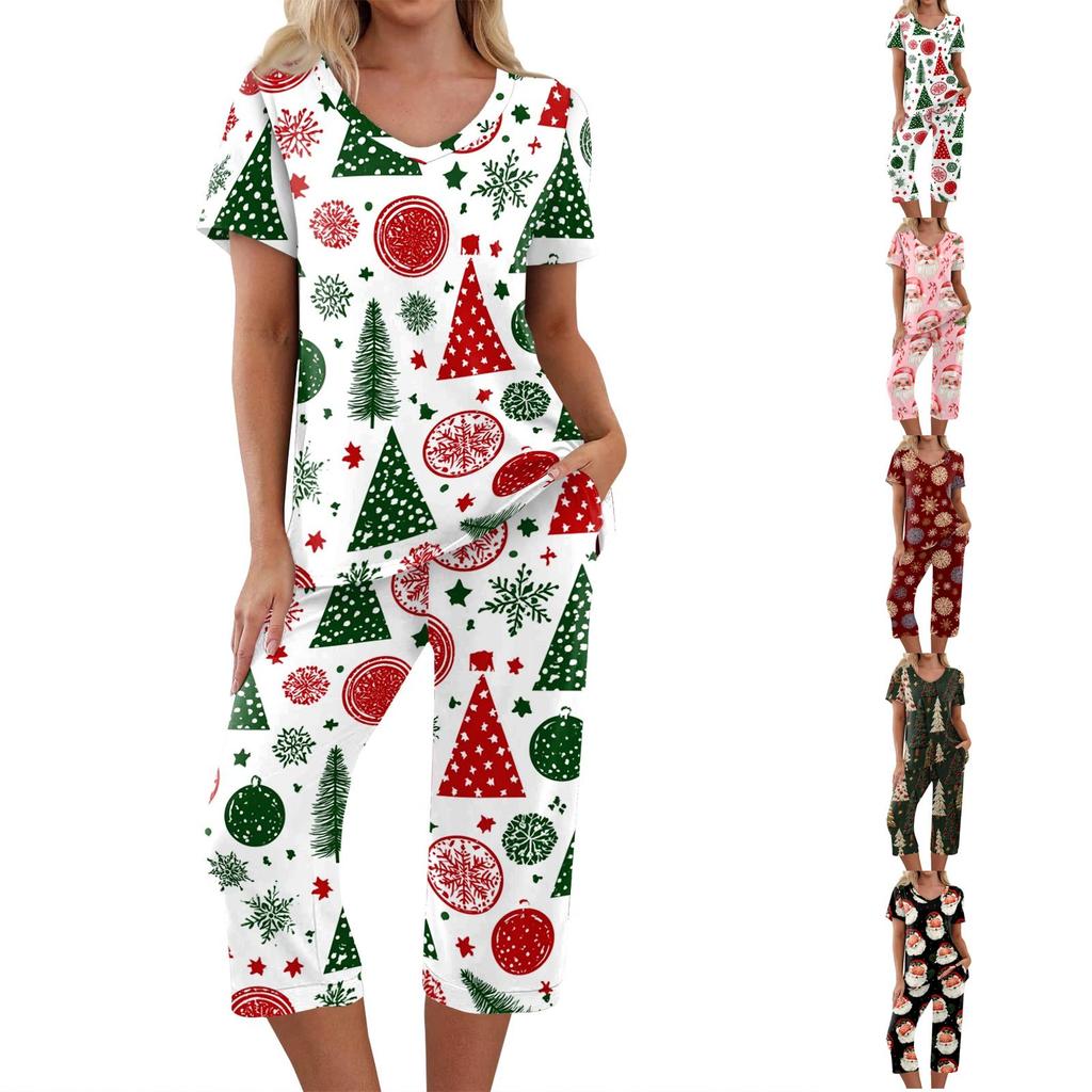 Women's Two-Piece Outfit Set with Christmas Print Short Sleeve Top and Pants