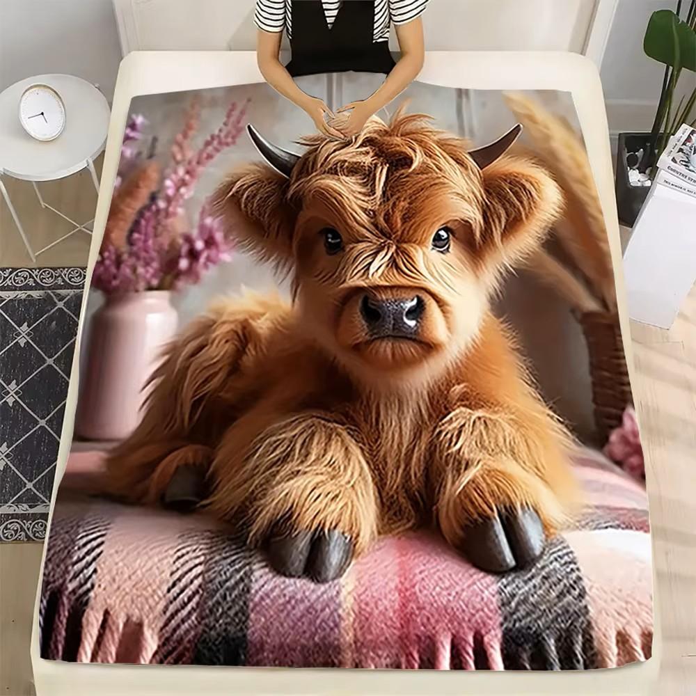 Flannel Throw Blanket Highland Mini Cow HD Digital Print,suitable for Sofas,beds,offices,travel,camping Chairs,warm Blanket Gift