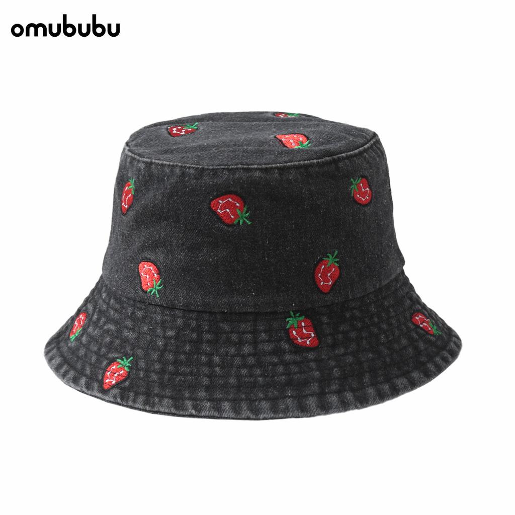 Watermelon Embroidered Denim Bucket Hat Men's Wide Eaves Sunshade Fashionable Versatile Face Small Bucket Hat Girls Sunscreen Hat