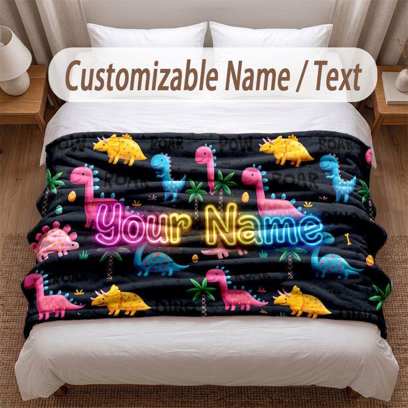 Dinosaur Theme Soft Blanket Personalized Custom Name Text Print Warm Blanket Home Sofa Bedroom Decor