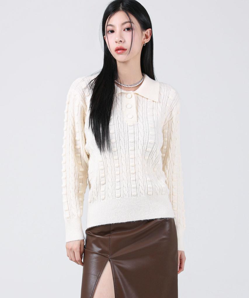 AVANDRESS Lumpy Collar Button Knit Blue